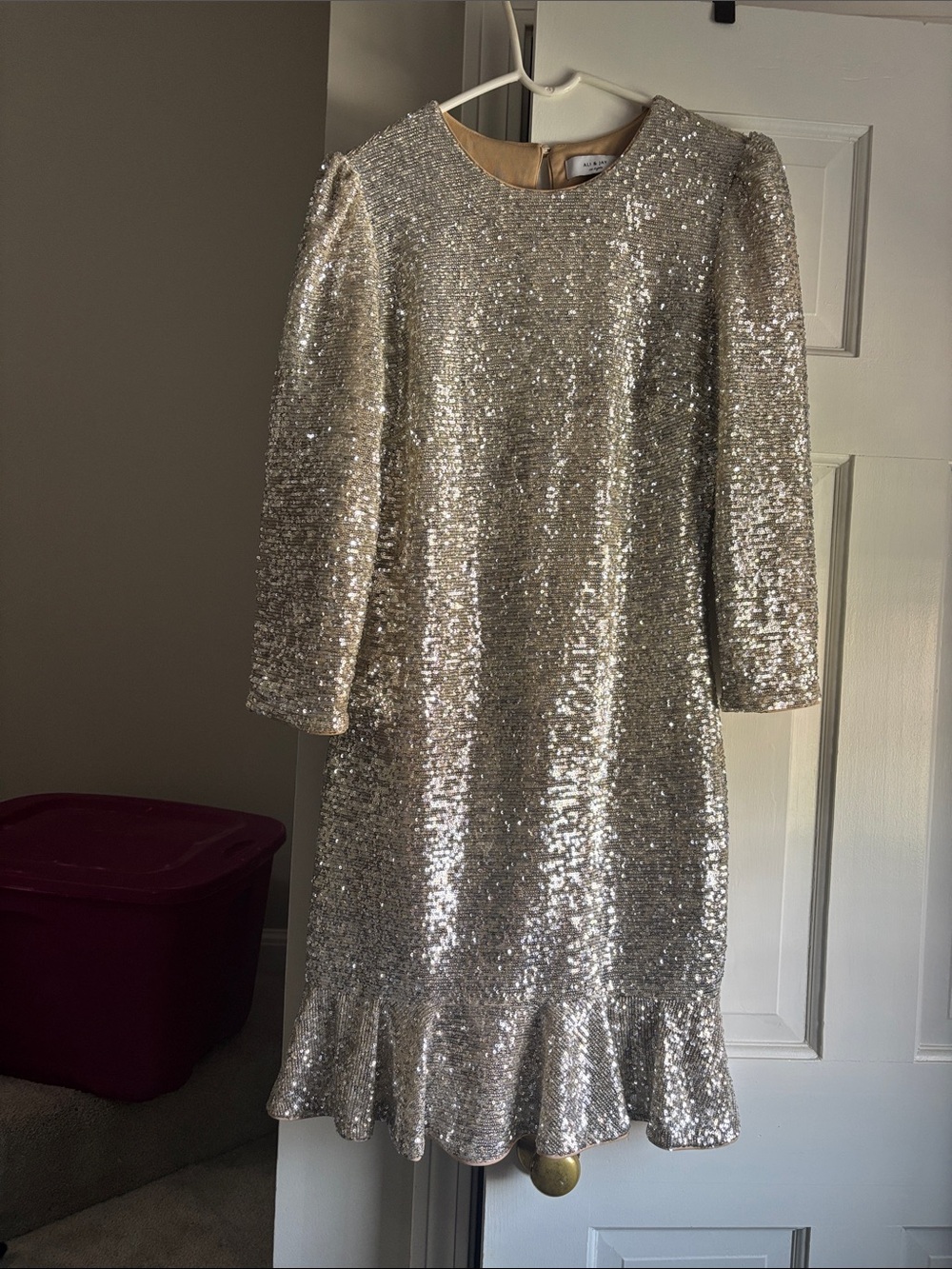 ALI & JAY Silver Sequin Long Sleeve Ruffle Hem Dress